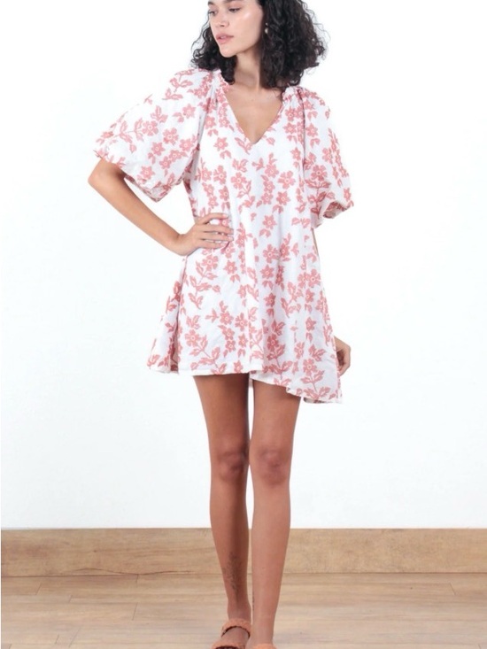 ollari Dresses & Skirts - Floral V-Neck Puff Sleeve Mini Dress in Blush Pink